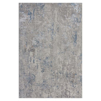 Grey blue multi-color patterned modern rug with distressed abstract design.