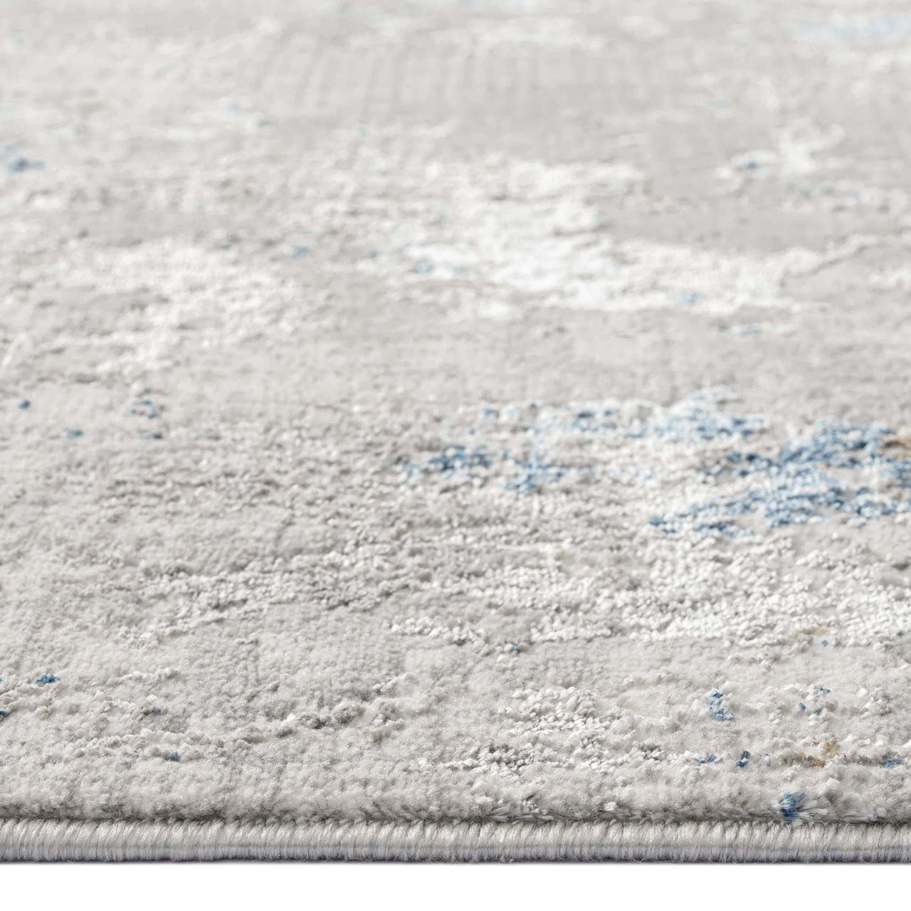 Grey-blue multi-color patterned modern runner rug with subtle abstract design and low pile texture.