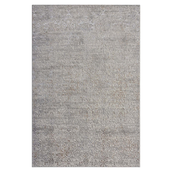 Grey beige modern rug with subtle intricate textured pattern and soft polyester weave.