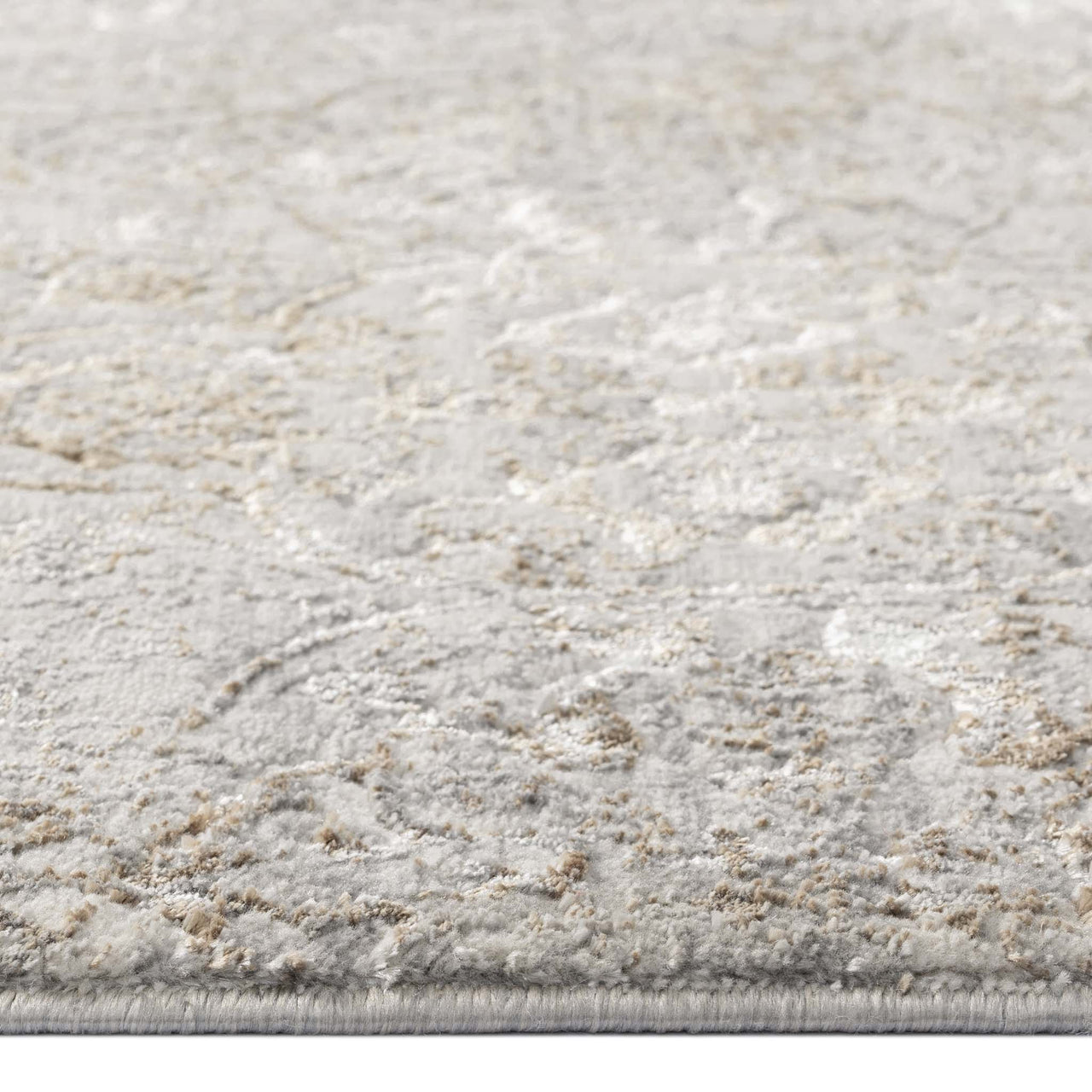 Grey beige modern rug with subtle multi-color abstract pattern and soft textured surface.