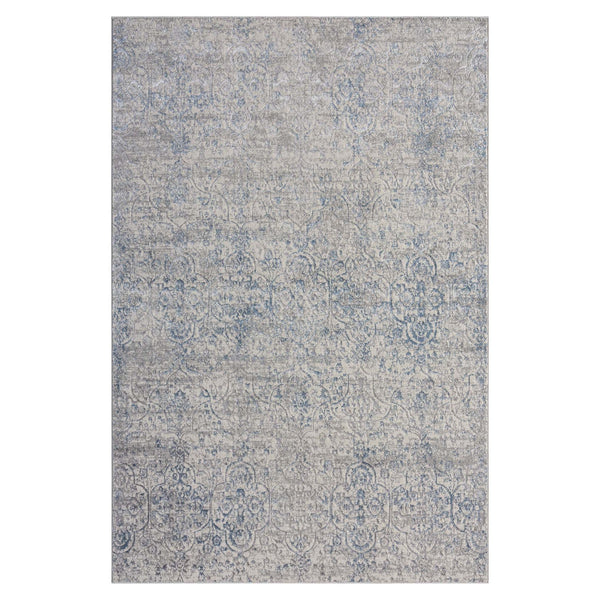 Grey blue modern rug with subtle multi-color abstract pattern and soft texture.
