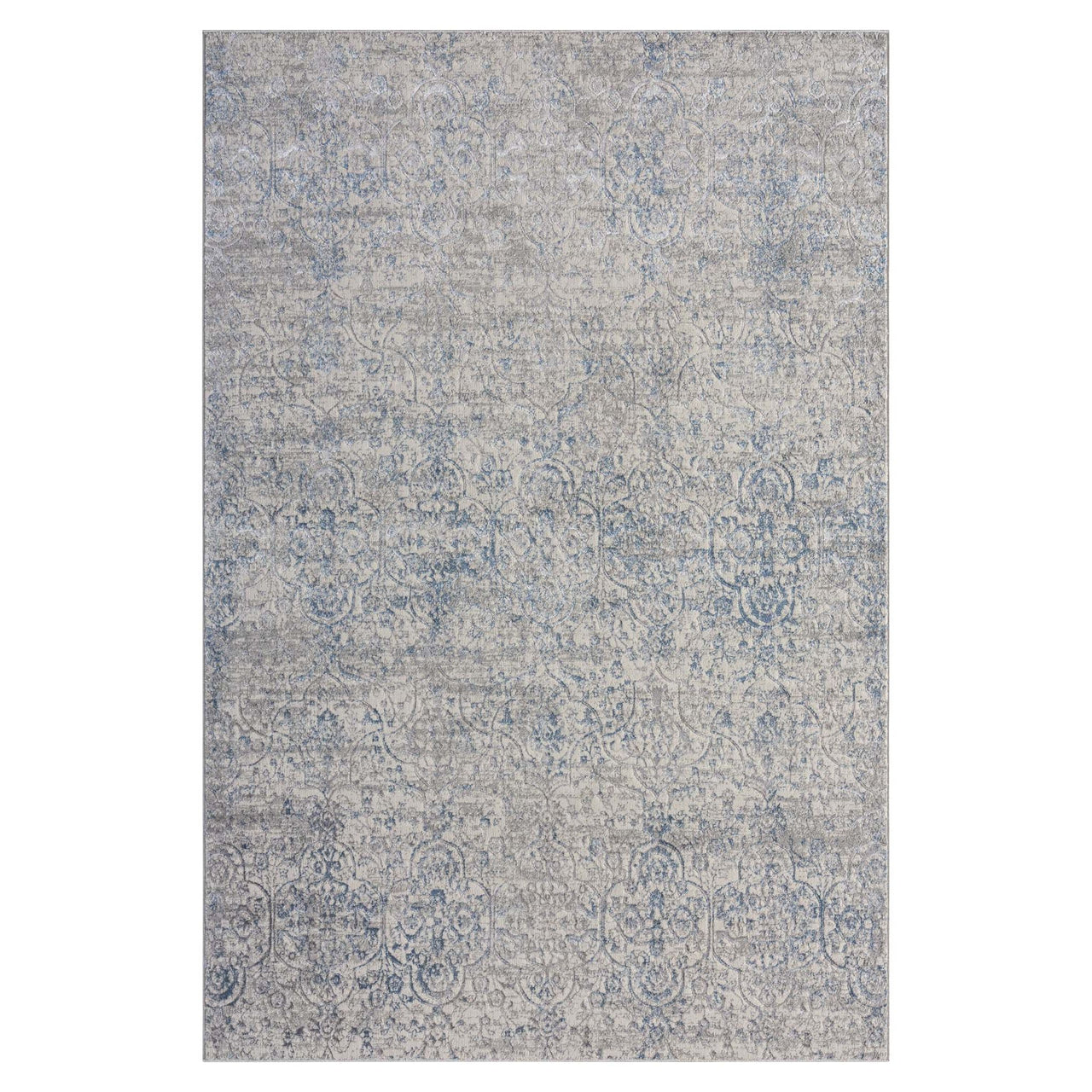 Grey blue modern rug with subtle multi-color abstract pattern and soft texture.