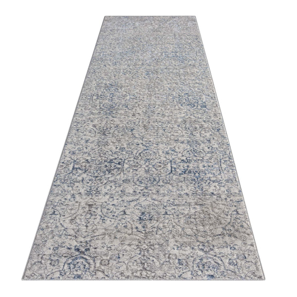Grey and blue patterned modern runner rug with subtle distressed design, rectangular shape.