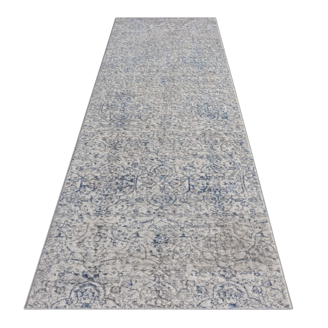 Grey and blue patterned modern runner rug with subtle distressed design, rectangular shape.