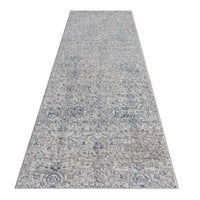 Grey and blue patterned modern runner rug with subtle distressed design, rectangular shape.
