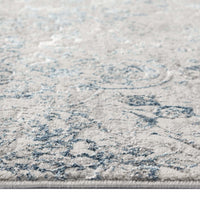 Grey blue runner rug with subtle multi-color floral and swirl pattern, low pile texture.