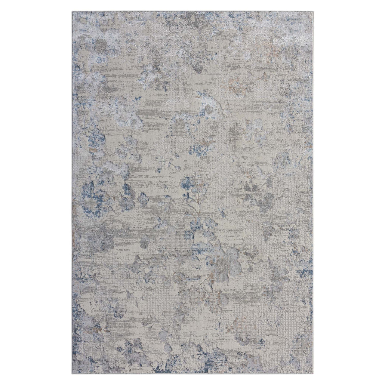 Grey patterned modern rug with abstract distressed design and subtle blue accents.