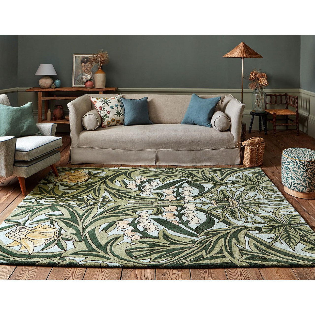 Morris & Co Bluebell Leafy Arbour Green 127607 Designer Wool Rug - 2