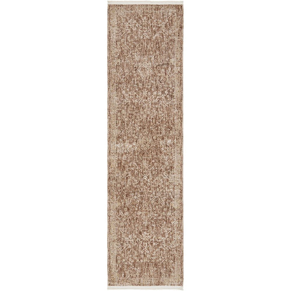Multi-coloured transitional medallion runner rug with beige and brown tones, polyester texture.