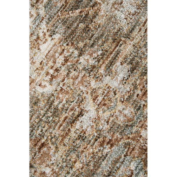 Multi-colored transitional medallion rug with textured brown, beige, and gray tones.