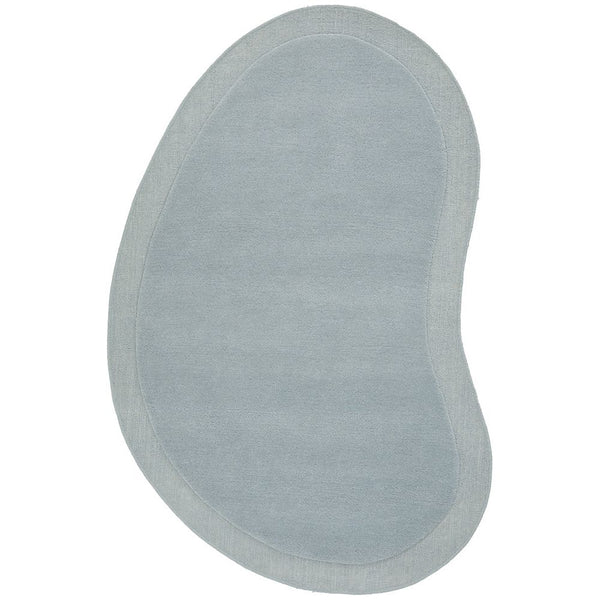 Pastel blue bean-shaped wool rug with subtle curved border and soft texture.