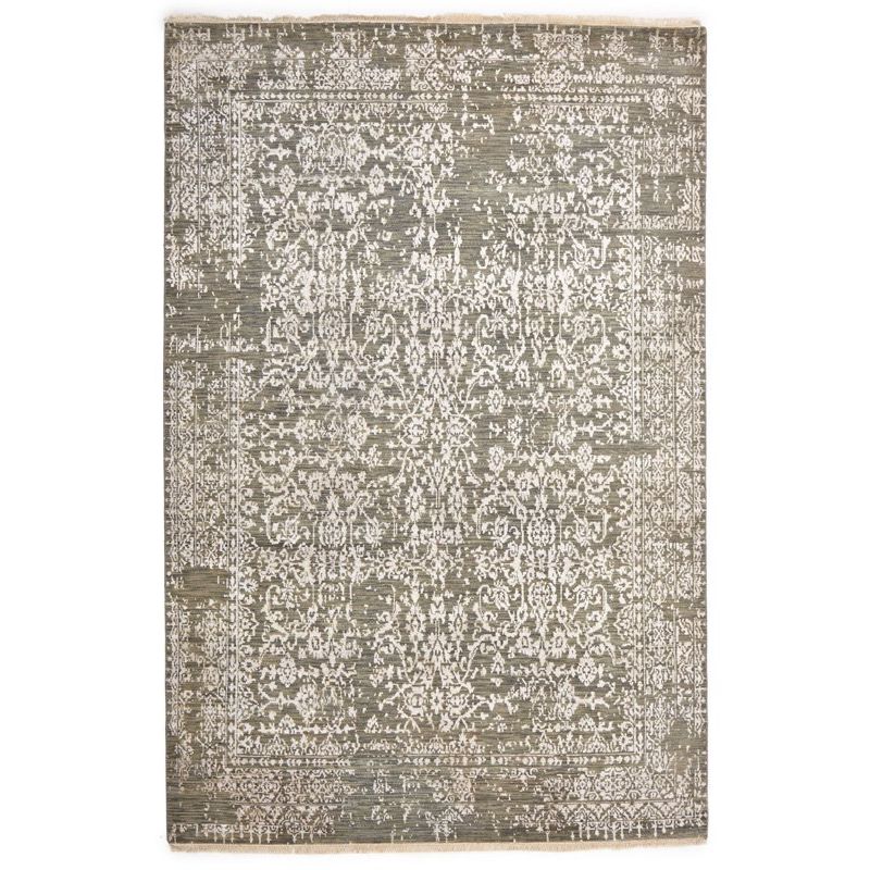 Olive Beige Patterned Hand Knotted Oriental Wool Rug - 1
