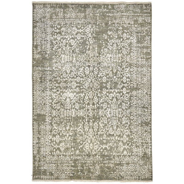 Olive Beige Patterned Hand Knotted Oriental Wool Rug