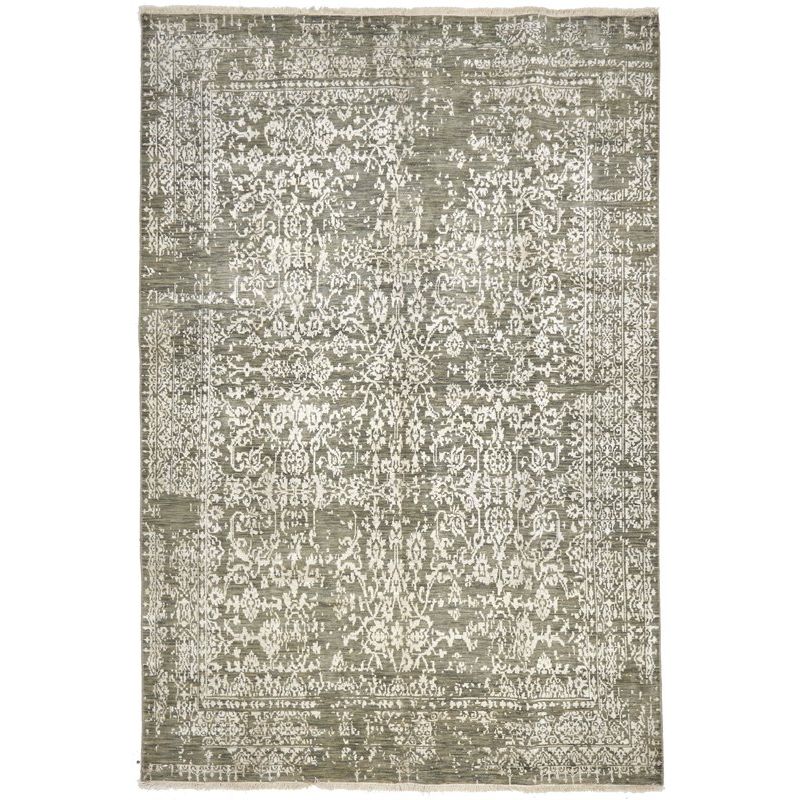 Olive Beige Patterned Hand Knotted Oriental Wool Rug