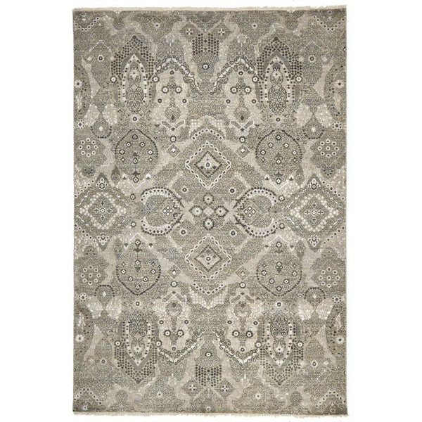 Silver Grey Beige Patterned Hand Knotted Oriental Wool Rug - 1