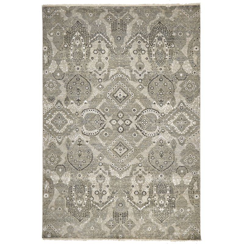 Silver Grey Beige Patterned Hand Knotted Oriental Wool Rug - 1