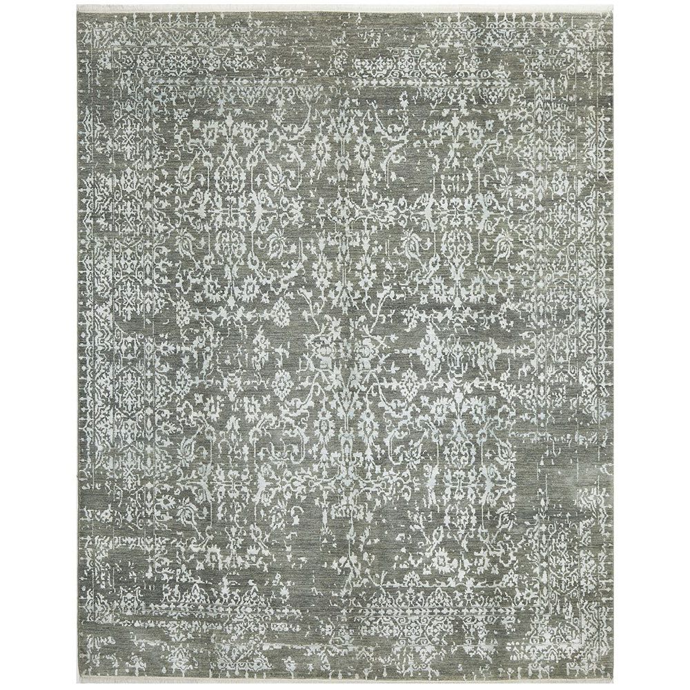 Black Silver Patterned Hand Knotted Oriental Wool Rug - 1