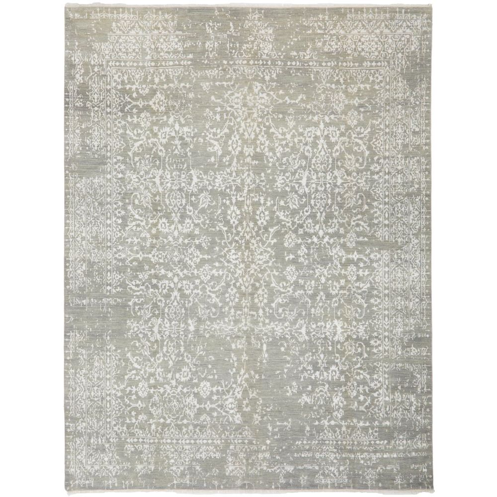 Grey Silver Patterned Hand Knotted Oriental Wool Rug - 1