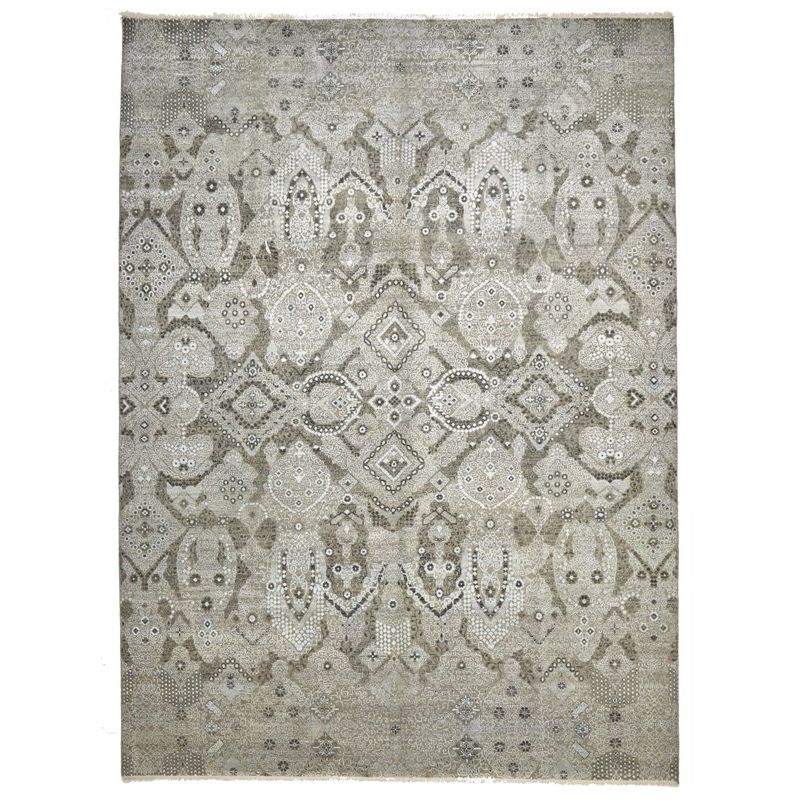 Silver Grey Patterned Hand Knotted Oriental Wool Rug - 1