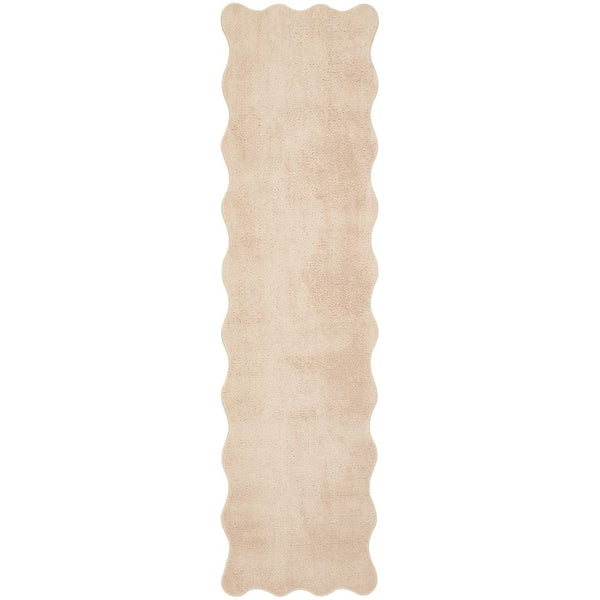 Beige modern runner rug with wavy scalloped edges and soft polyester texture.