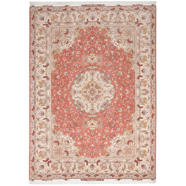 Persian Tabriz Medallion Peach Beige Multi Colour Hand Knotted Wool Rug - Rugs Of Beauty - 1