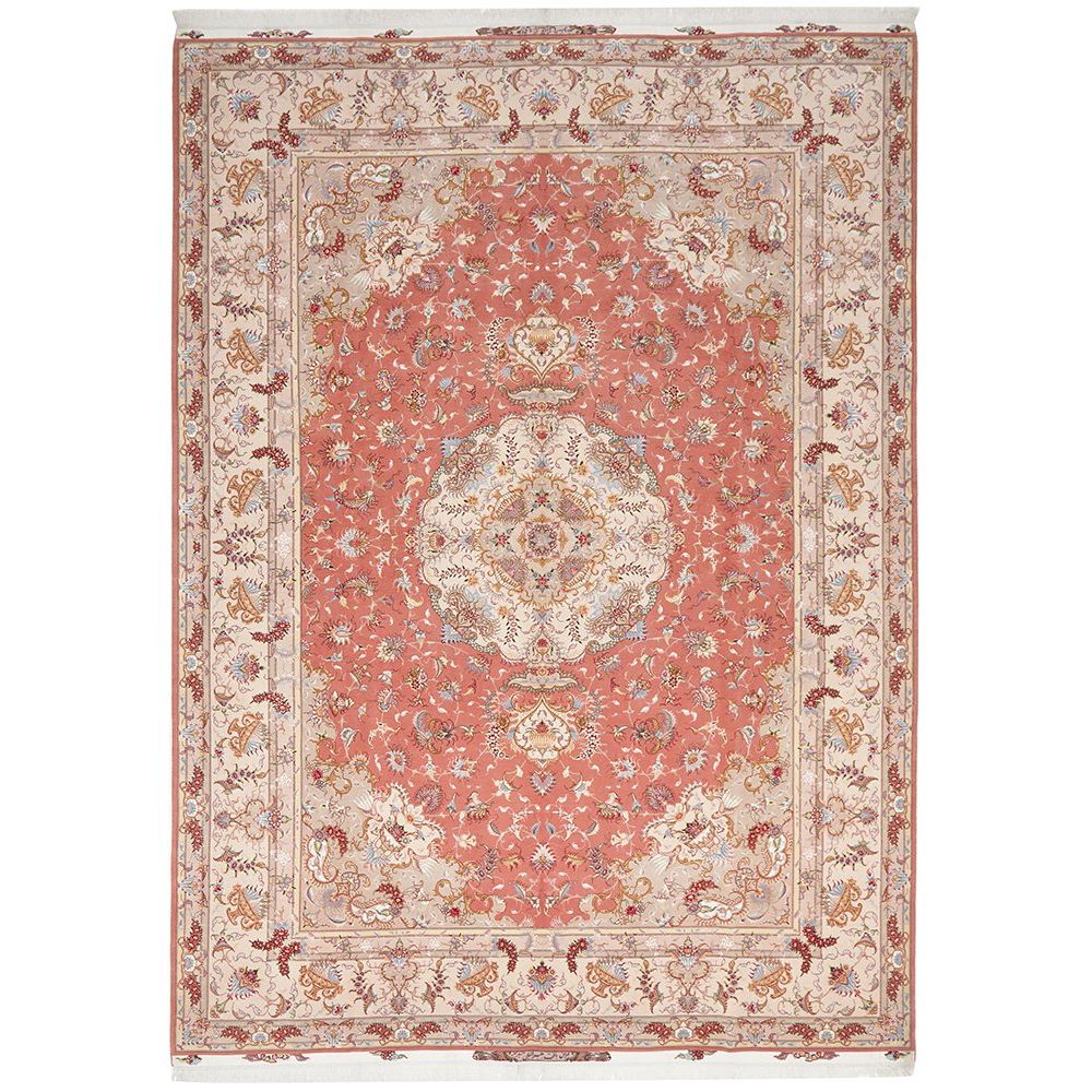 Persian Tabriz Medallion Peach Beige Multi Colour Hand Knotted Wool Rug - Rugs Of Beauty - 1
