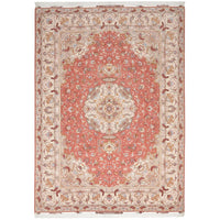 Persian Tabriz Medallion Peach Beige Multi Colour Hand Knotted Wool Rug - Rugs Of Beauty - 1