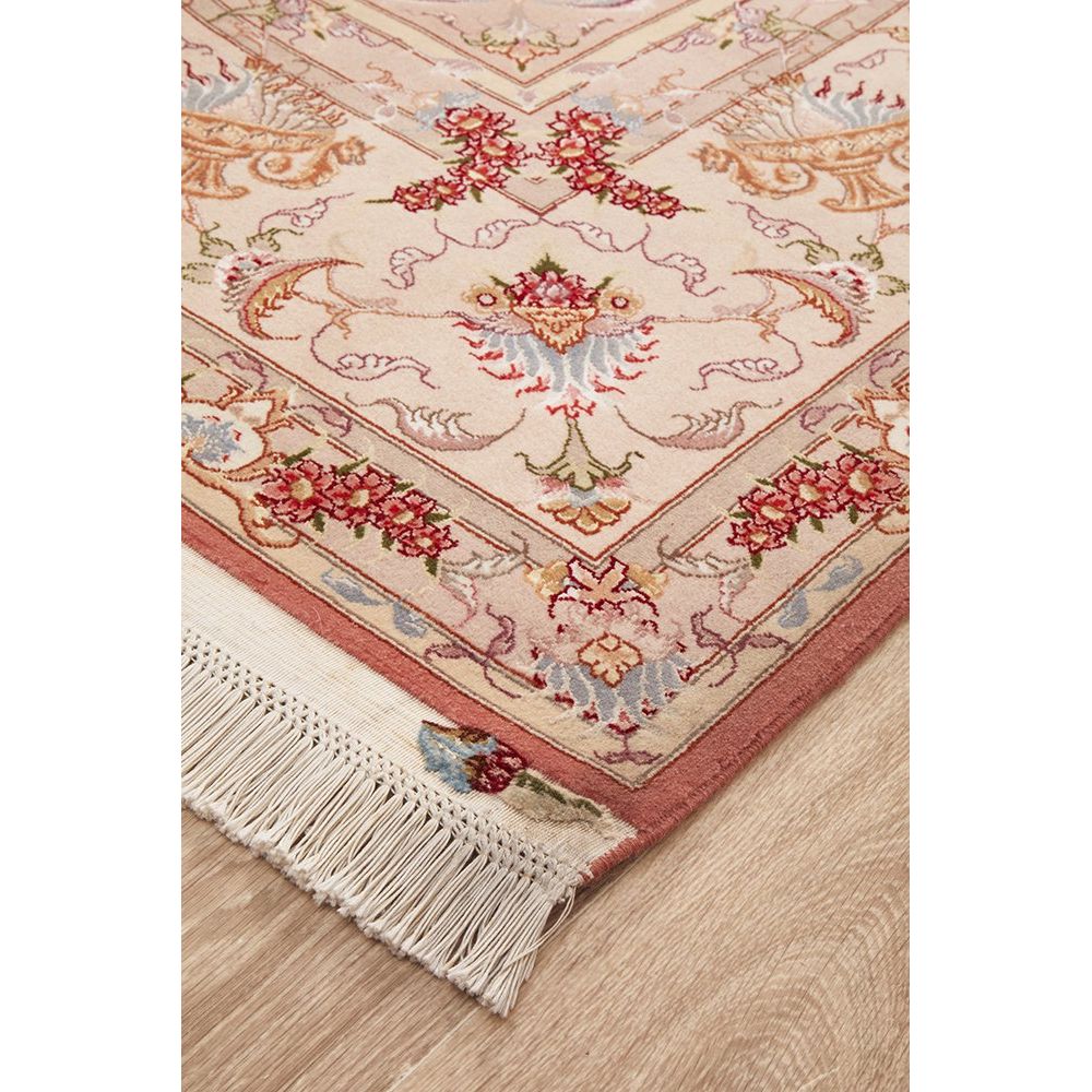 Persian Tabriz Medallion Peach Beige Multi Colour Hand Knotted Wool Rug - Rugs Of Beauty - 2