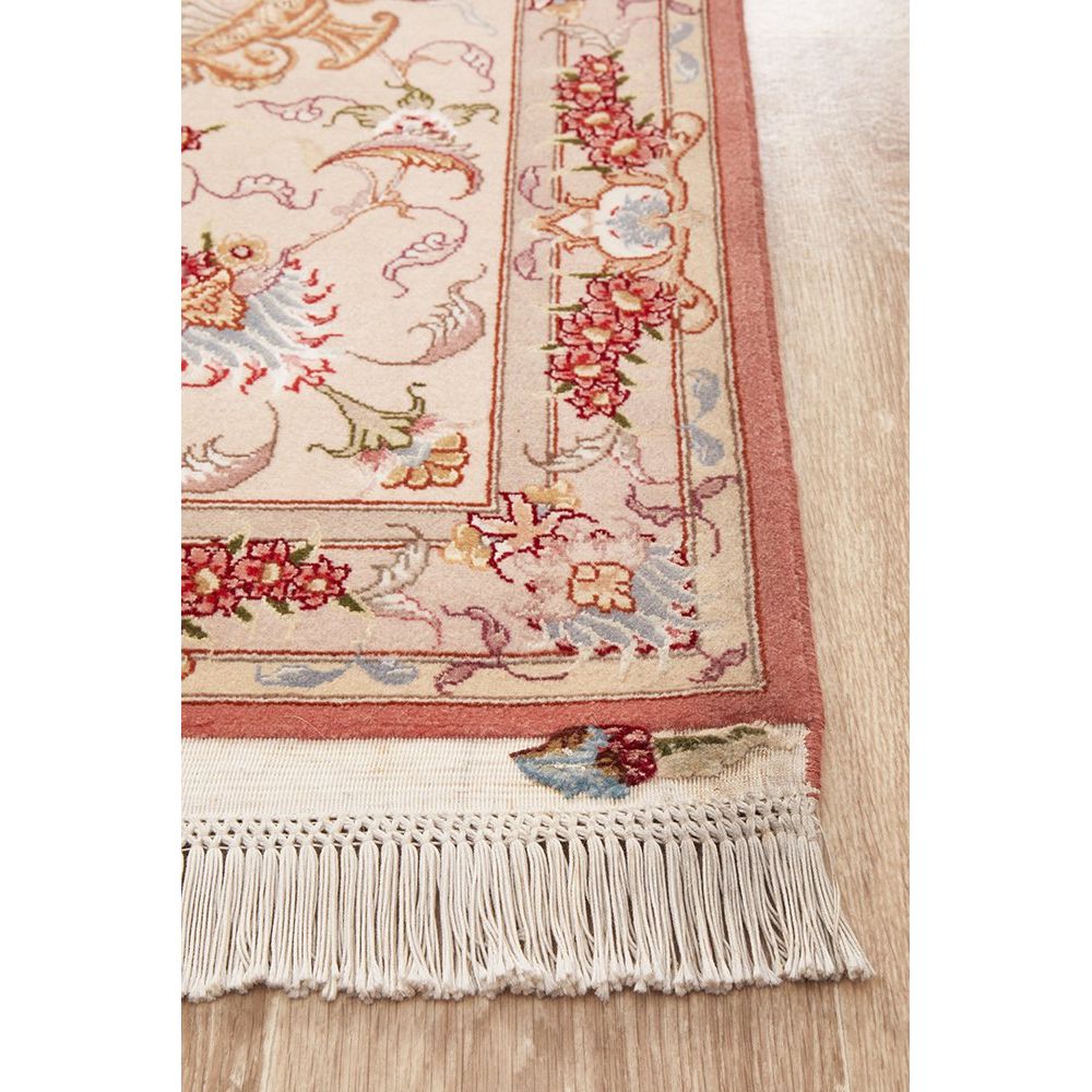 Persian Tabriz Medallion Peach Beige Multi Colour Hand Knotted Wool Rug - Rugs Of Beauty - 3