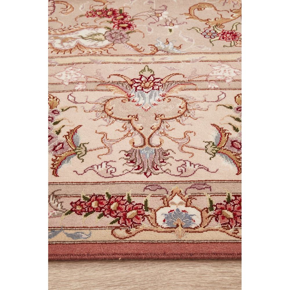 Persian Tabriz Medallion Peach Beige Multi Colour Hand Knotted Wool Rug - Rugs Of Beauty - 4