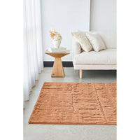Living room with a textured orange / rust coloured rug, white sofa, and wooden side table.