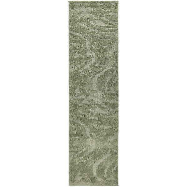 Green modern runner rug with abstract textured geometric pattern and soft polyester pile.
