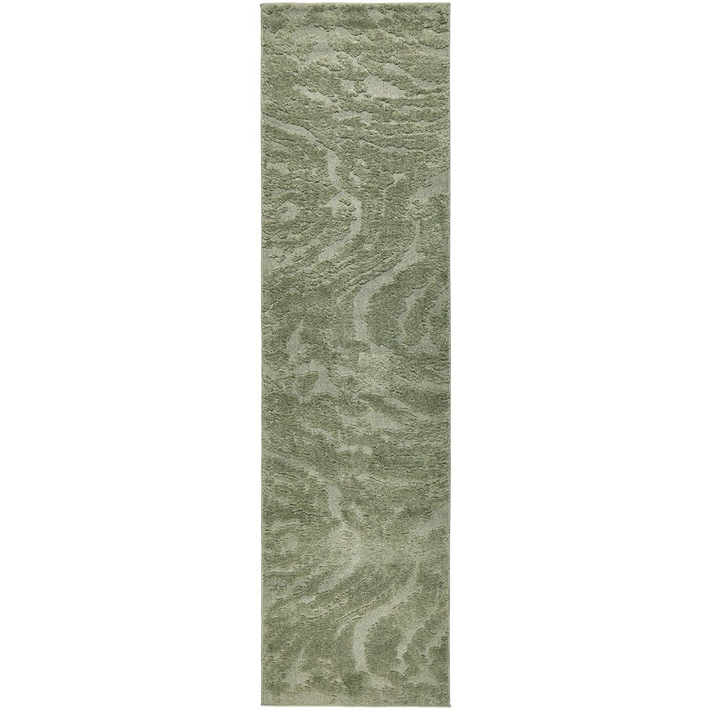 Green patterned runner rug on a white background