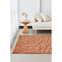 Living room with a textured rust / orange rug, white sofa, and wooden side table.