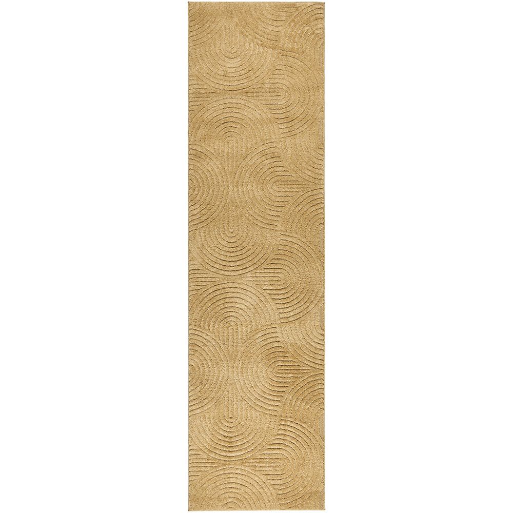 Gold coloured textured patterned runner rug on a white background