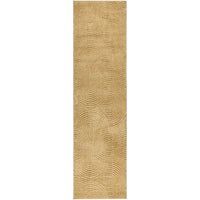 Gold coloured textured patterned runner rug on a white background