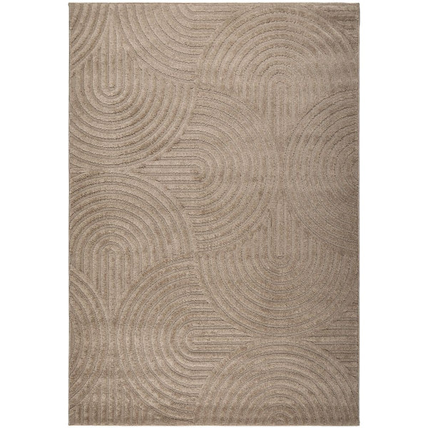 Beige area rug with circular pattern on a white background