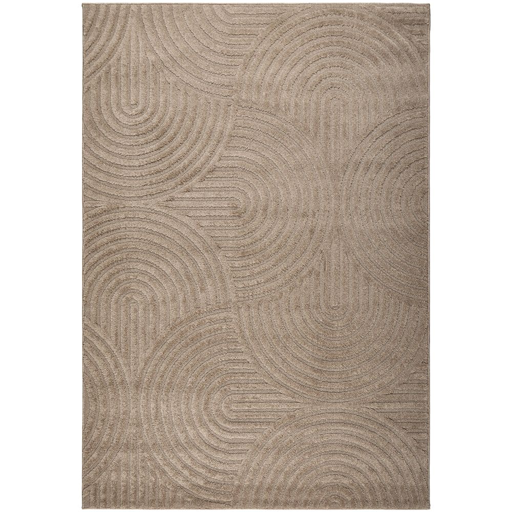 Beige area rug with circular pattern on a white background
