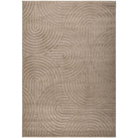 Beige area rug with circular pattern on a white background