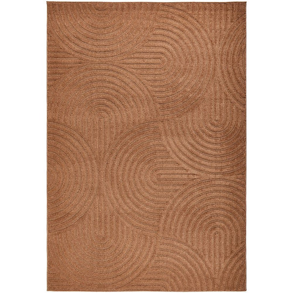 Rust textured area rug with geometric pattern on a white background