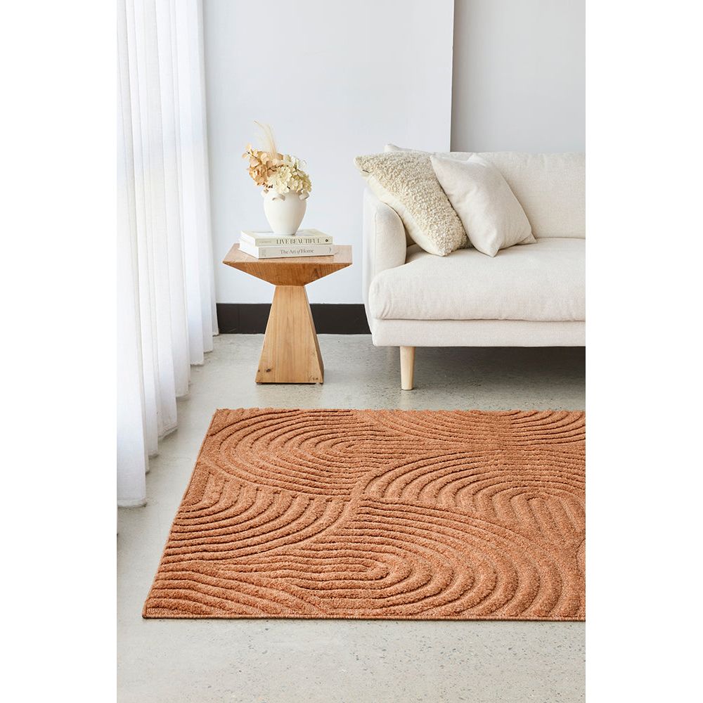Living room with a textured rust rug, white sofa, and wooden side table.