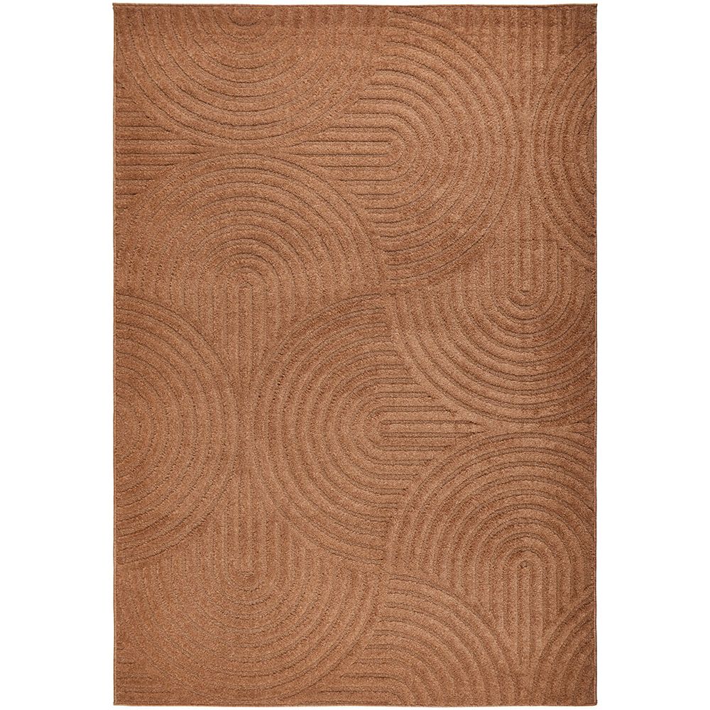 Rust textured area rug with geometric pattern on a white background