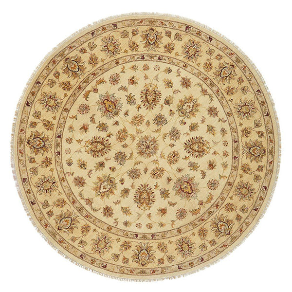 Beige Floral Multi Coloured Patterned Hand Knotted Oriental Round Wool Rug - 1