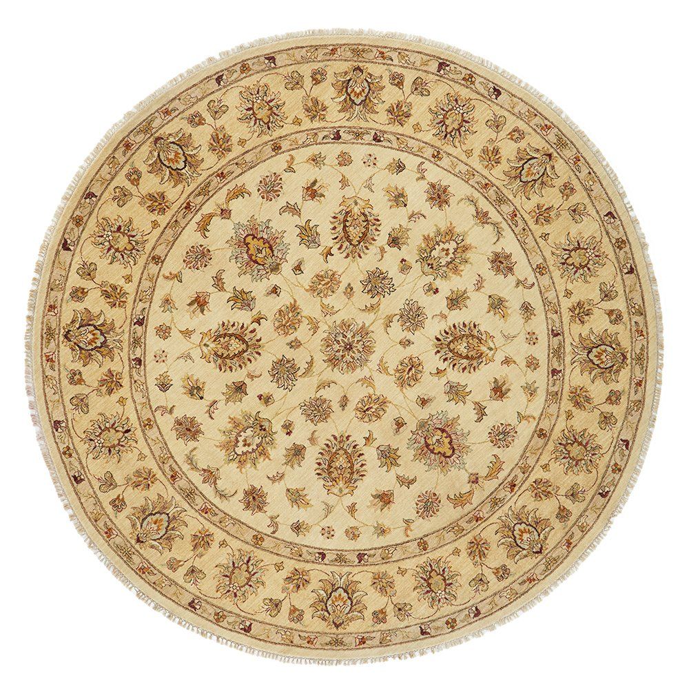 Beige Floral Multi Coloured Patterned Hand Knotted Oriental Round Wool Rug - 1