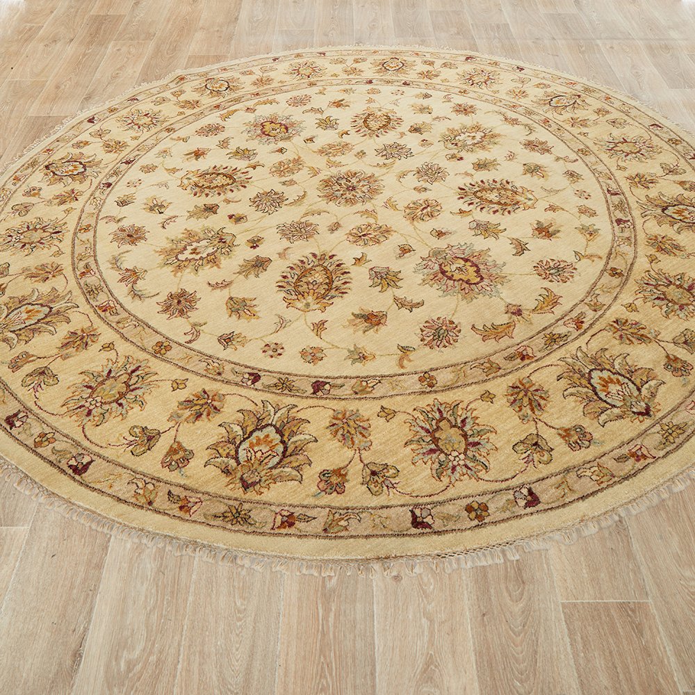Beige Floral Multi Coloured Patterned Hand Knotted Oriental Round Wool Rug - 2