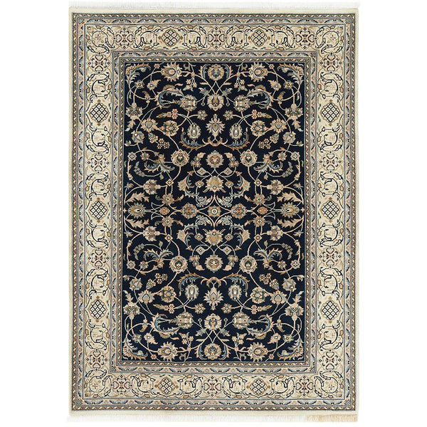 Navy Blue Beige Multi Colour Floral Patterned Hand Knotted Oriental Wool Rug - 1