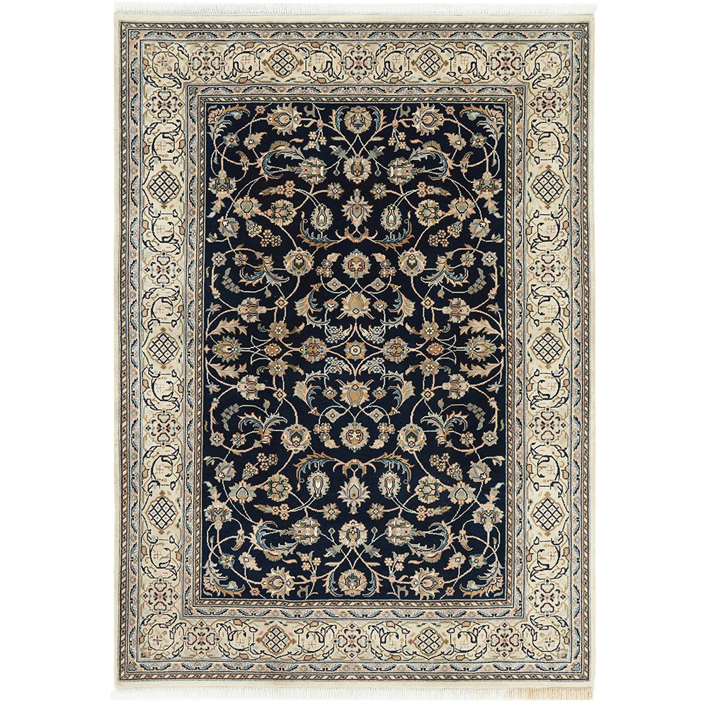 Navy Blue Beige Multi Colour Floral Patterned Hand Knotted Oriental Wool Rug - 1