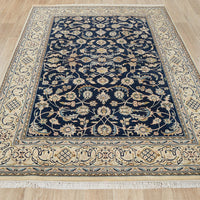 Navy Blue Beige Multi Colour Floral Patterned Hand Knotted Oriental Wool Rug - 2