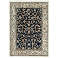 Navy Blue Beige Multi Colour Floral Patterned Hand Knotted Oriental Wool Rug - 1
