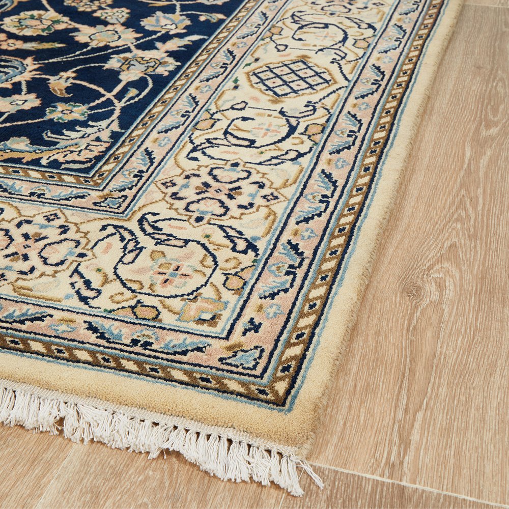 Navy Blue Beige Multi Colour Floral Patterned Hand Knotted Oriental Wool Rug - 3